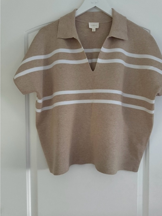Cyrus Tops - Cyrus Beige & White Striped Knit Polo